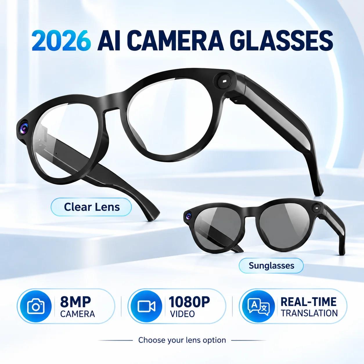 2026 New AI Camera Glasses 8MP 1080P Video Recording Real-Time Translation Bluetooth Call Sunglasses Men Women