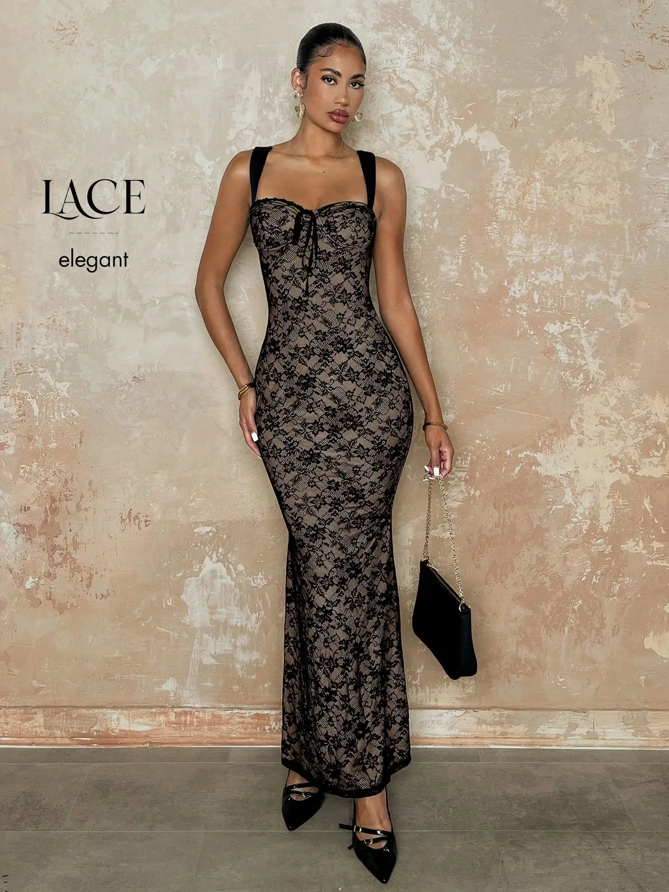 

Черное кружевное облегающее платье-русалка с цветочным узором и регулируемыми бретелями
