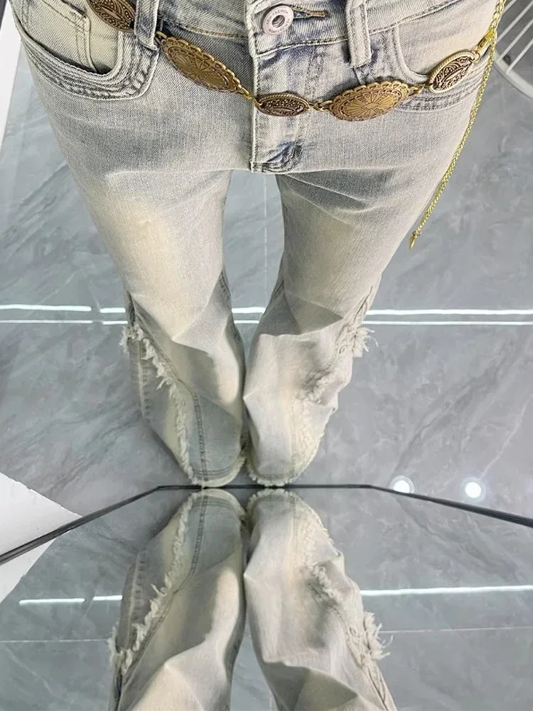 ارتفاع الخصر السراويل الزرقاء خمر النساء الأمريكية الرجعية 90s المواد الخام حافة تصميم Y2k الدنيم السراويل الشارع الشهير واسعة الساق السراويل