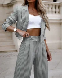 Two Piece Sets Women Striped Print Turn Down Collar Slim Fit Casual Full Sleeve Short Coats Straight Long Pants Suits Splice