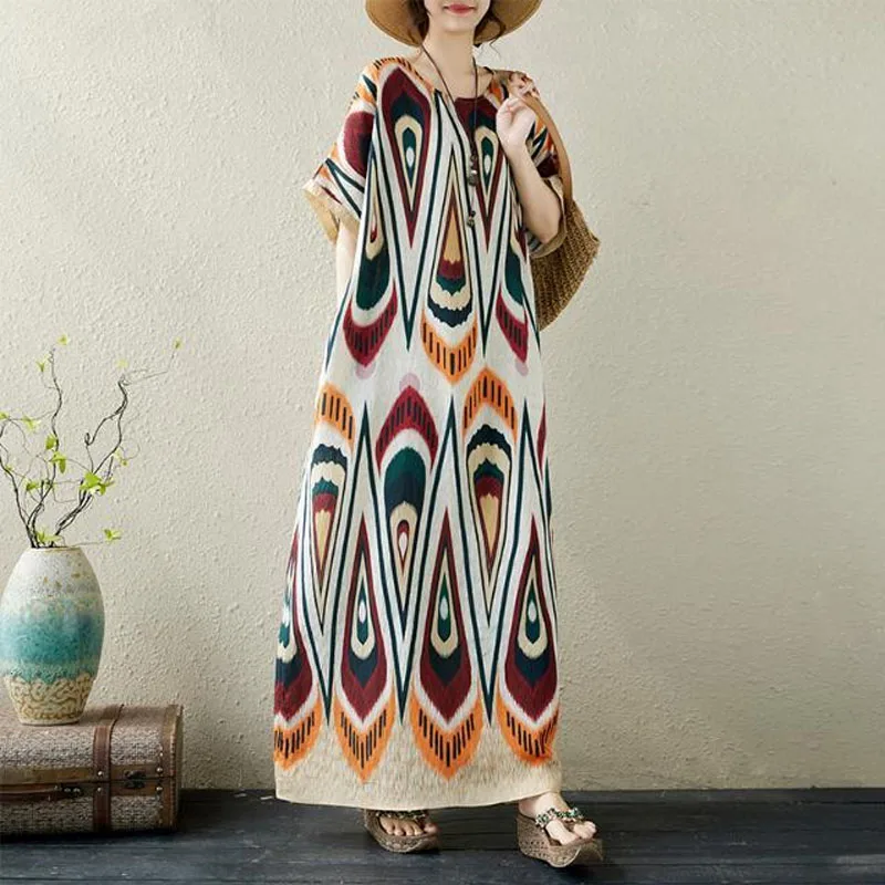 Ethnic Style Literature Fashion Women Summer Loose Bohemia Holiday Style Printing Short Sleeve Round Neck And Bare Maxi Dress