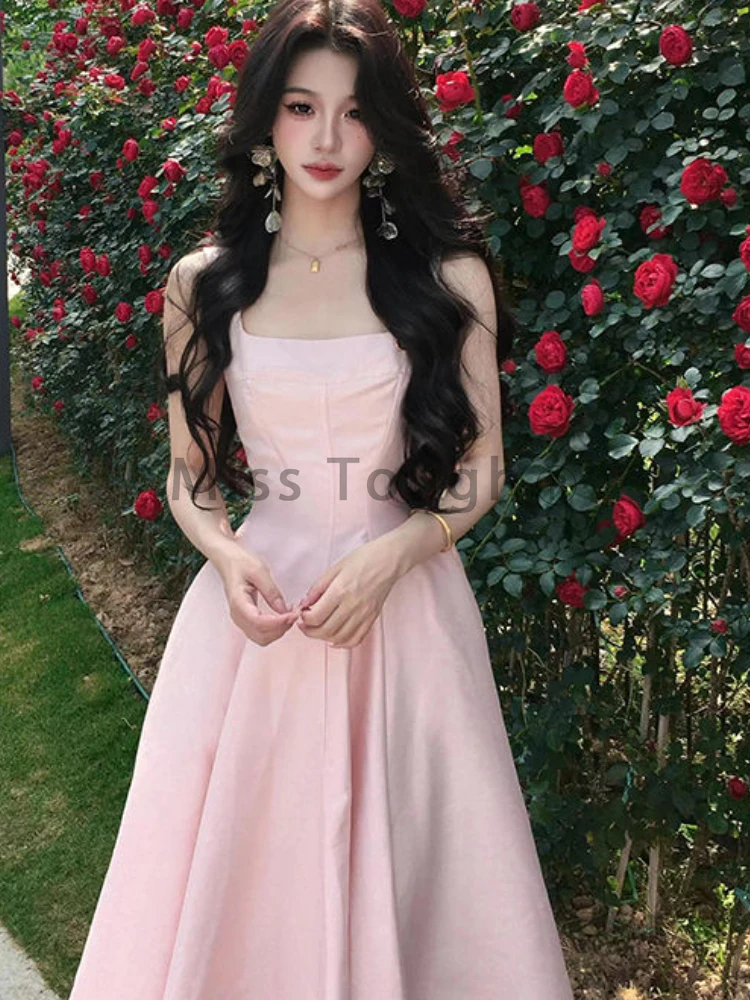 France Elegant Slim Square Neck Sling Dress Women Fashion Sweet Solid Off Shoulder Long Dresses Female Thin Fairy Clothing New