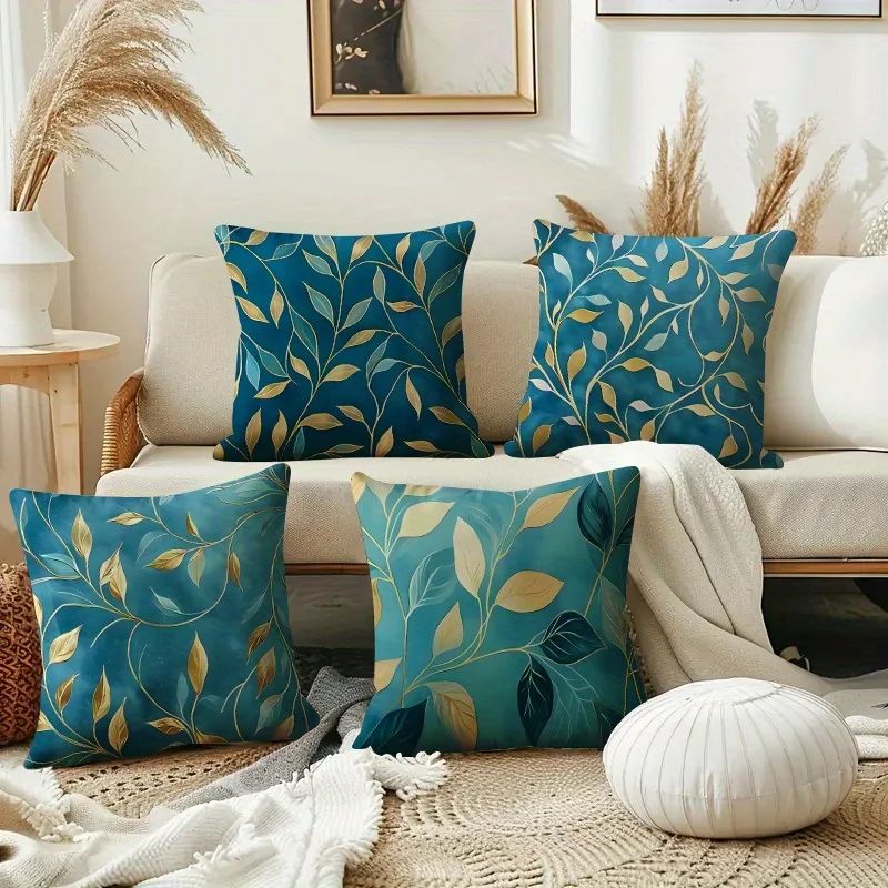 4 fundas de cojín estampado bohemio con hojas, ideales para sofá o cama - Fundas elegantes con diseño de hoja de ginkgo, cierre