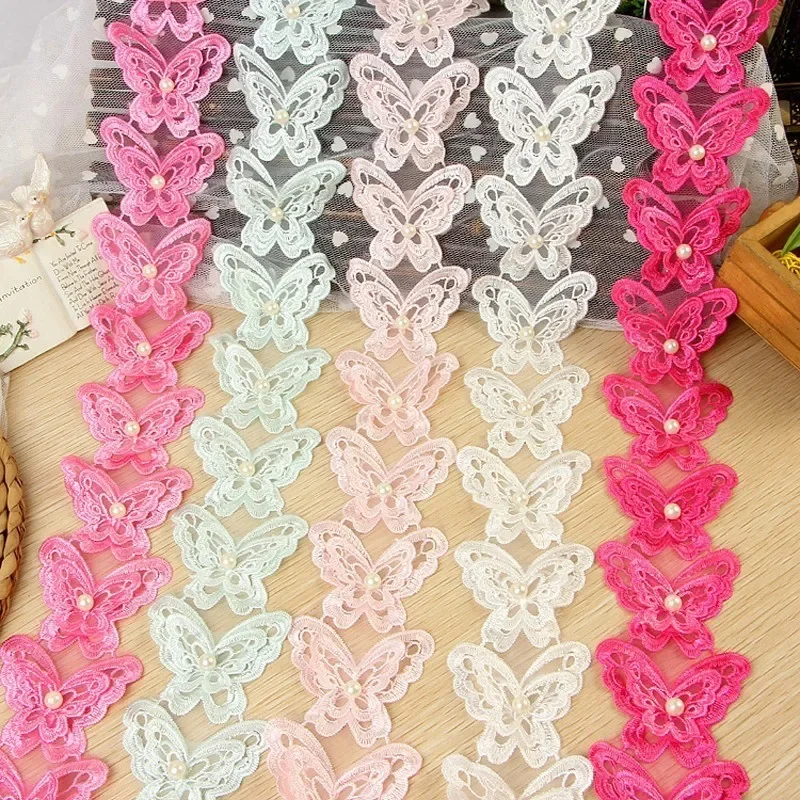 Lace Trim edge Embroidery Butterfly Beaded DIY Ribbon Fabric 6.5cm Organza for children's wear Clothing Accessory 1 Yard/lot