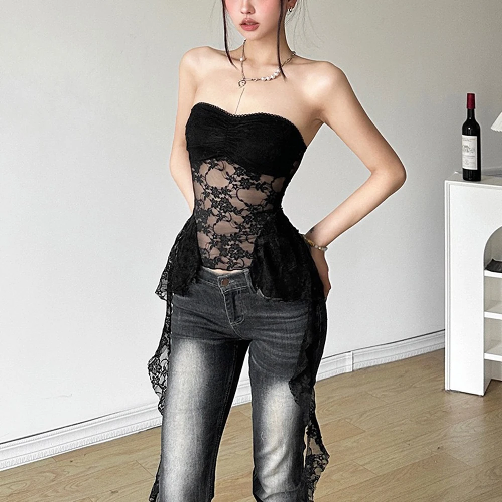 Lace Hollow Out Ribbon Detail Strapless Vest Top for Women One Size Fits Most 40-62.5kg Regular Length Fashion Top