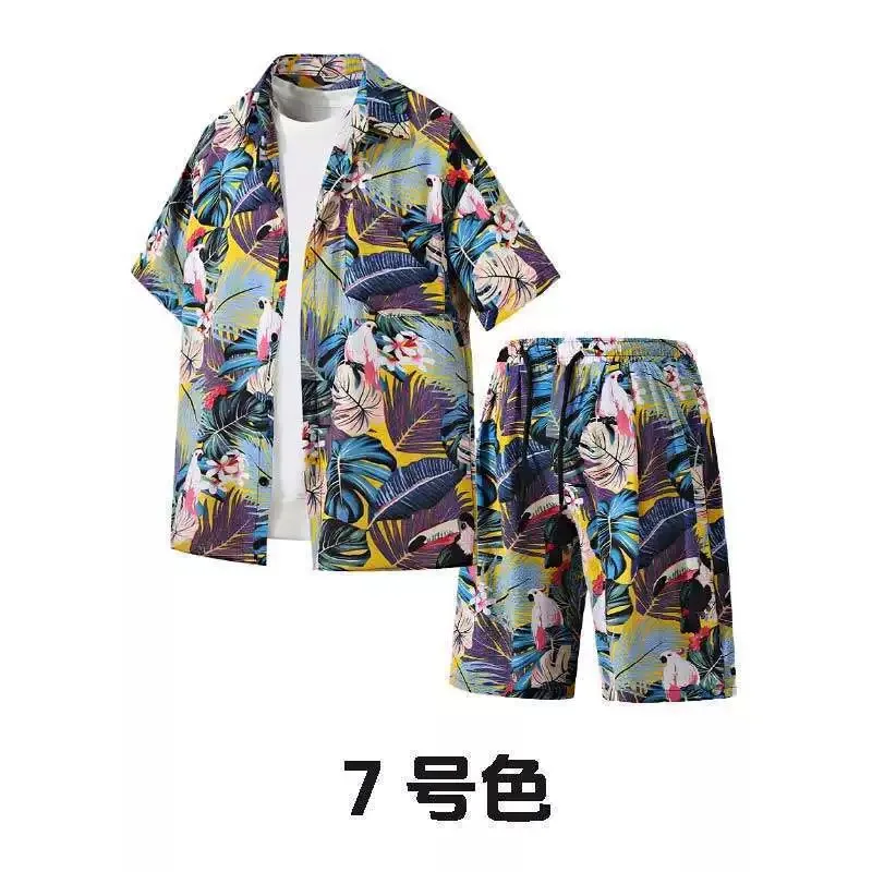 New Summer Fashion Trendy Printed Beach Short Sleeve Shirt Set Men's Casual Loose Sports Breathable Plus Size Two-Piece Set