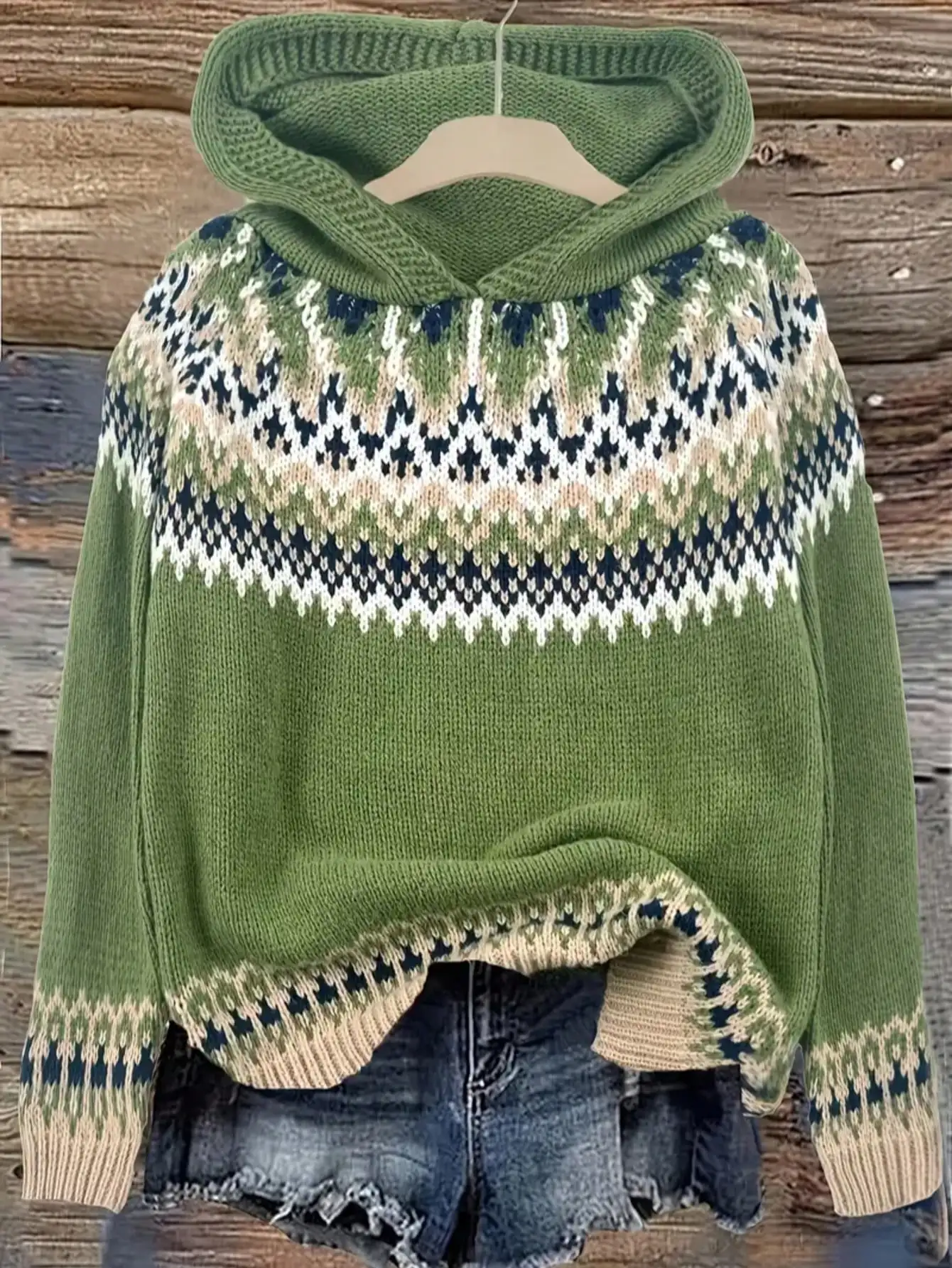 

Оливково-зеленый вязаный свитер с капюшоном в стиле Fair Isle для женщин, свободный крой, осень-зима