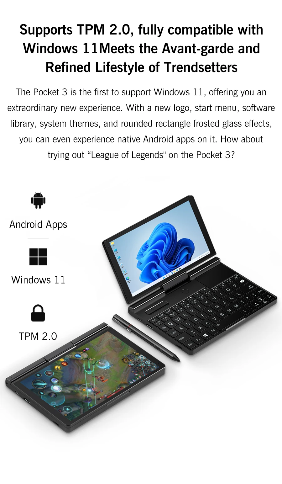 GPD Pocket 3 8'' Mini Handheld Laptop Intel Pentium Gold 7505 Touchscreen 180° Foldable Portable Notebook 16GB LPDDR4X 512GB SSD