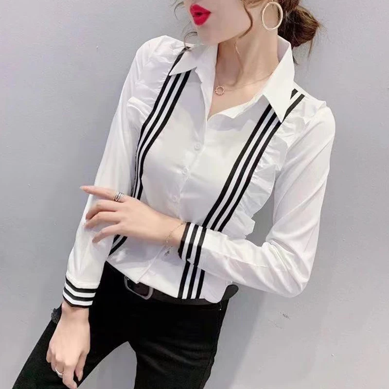 

Белая женская приталенная рубашка с длинным рукавом, новая модная модель весна-лето, базовый слой, повседневная, с воротником, маленький размер