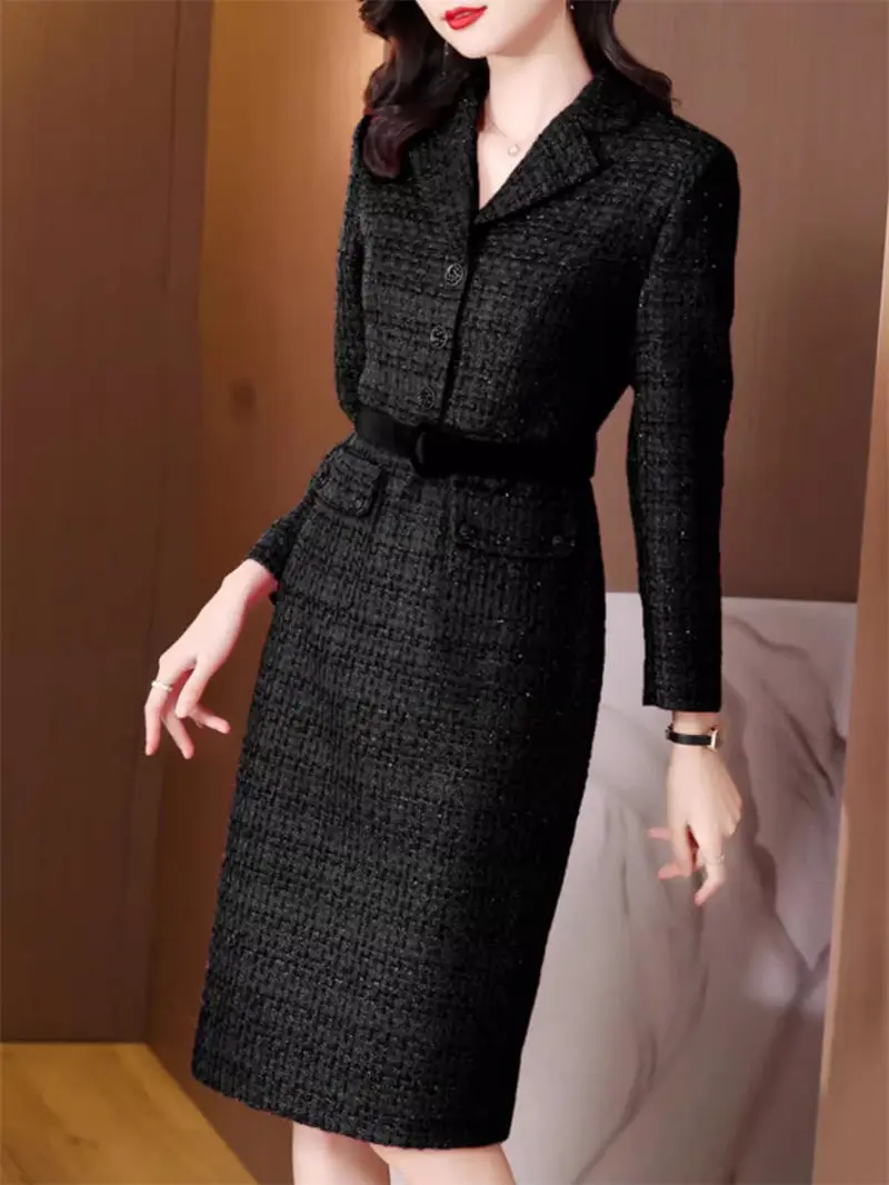 Autumn/Winter Suit Collar Dress For Women 2023 New High End Celebrity Style Slim Thick Tweed Wrapped Hip Dress Office Lady Z4060