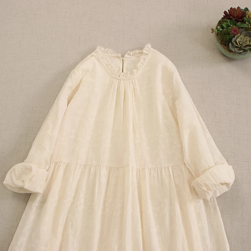 Japanese Mori Girl Sweet Lolita Embroidery Loose Dress Women Autumn Stand Collar Long Sleeve Double Layer Casual Midi Dresses