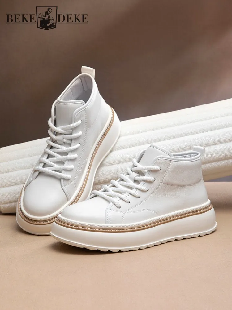 Casual Men Beige White Cowskin Genuine Leather Lace Up Thick Bottom Skateboard Fashion Comfortable Autumn Winter Platform Shoes