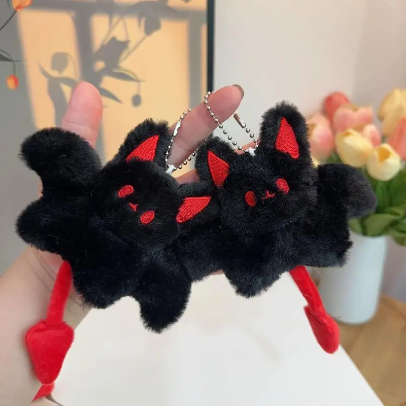Soft Fluffy Black Plush Bat Keychain Cute Red Accent Perfect For Halloween Gifts Bag Backpack Decor Accessory