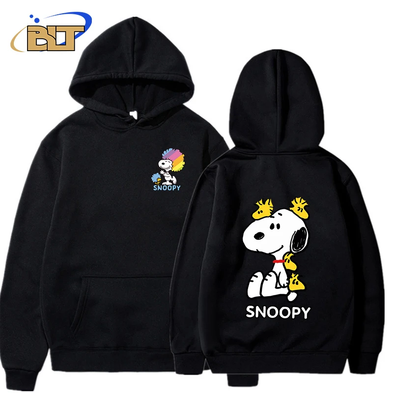 Snoopy Print Men\'s Autumn and Winter Hooded Plush Sweater Black Loose Top