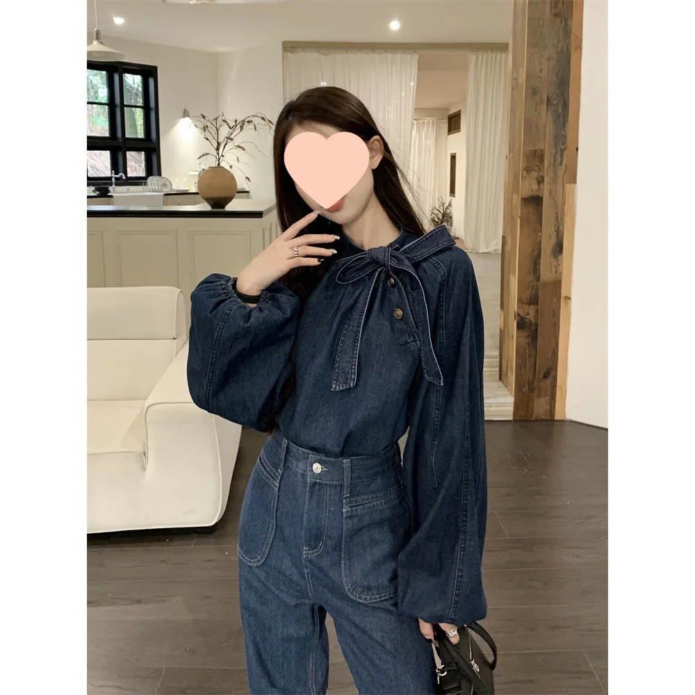 Bow Belt Denim Shirt For Women Lantern Sleeve Lapel Button Denim Tops High Waist Jeans Pantsb 2024 Spring Summer New Chic Sets