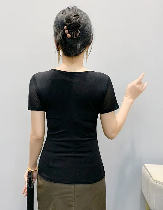 

Korean Fashion Short Sleeve Mesh Tops V Neck Women Shirt Summer Casual Diamond T Shirt