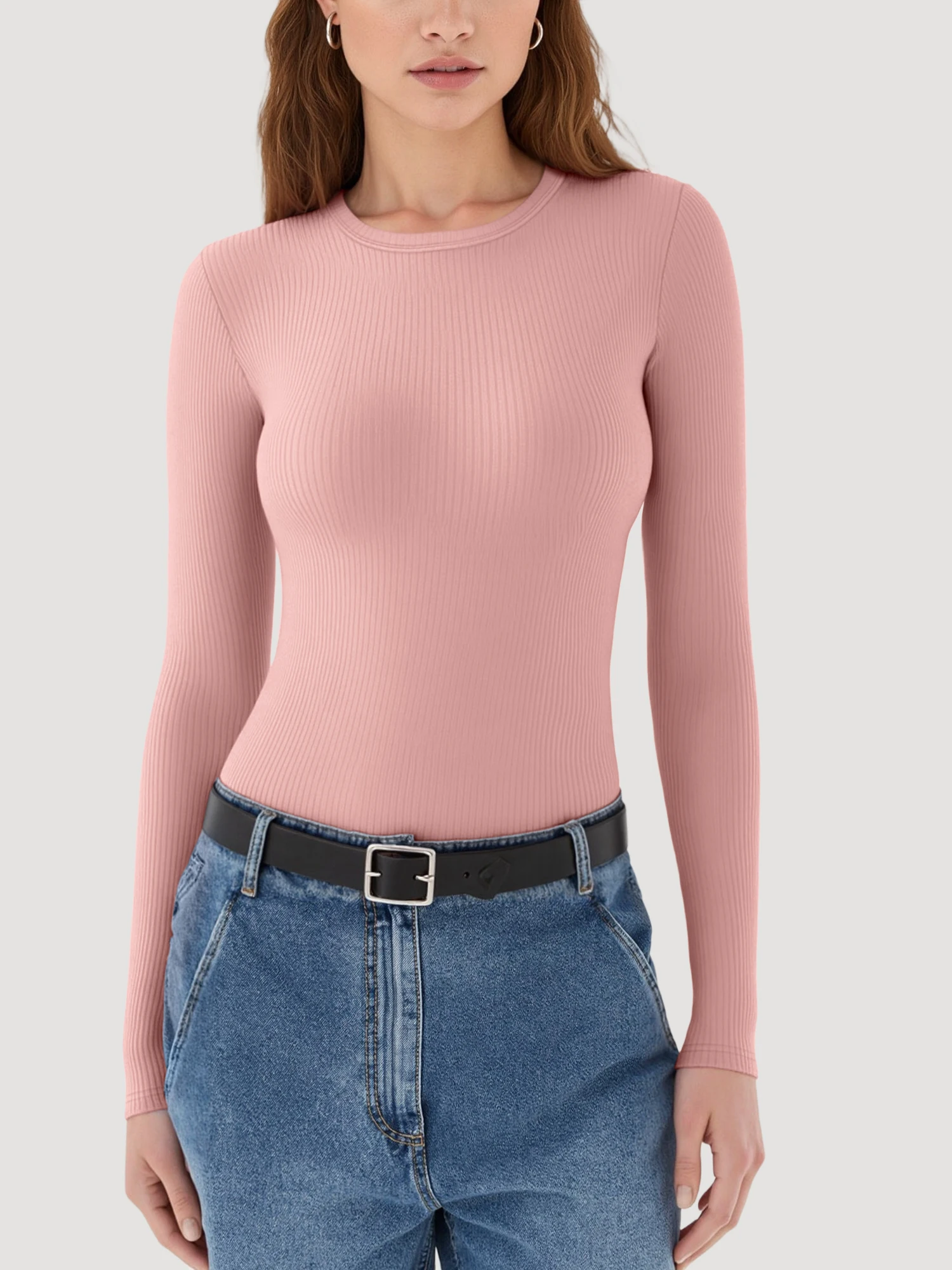Smart Casual Ribbed Cropped Long Sleeve Shirt, Round Neck Slim Top for Office Daily Wear & Café Gatherings