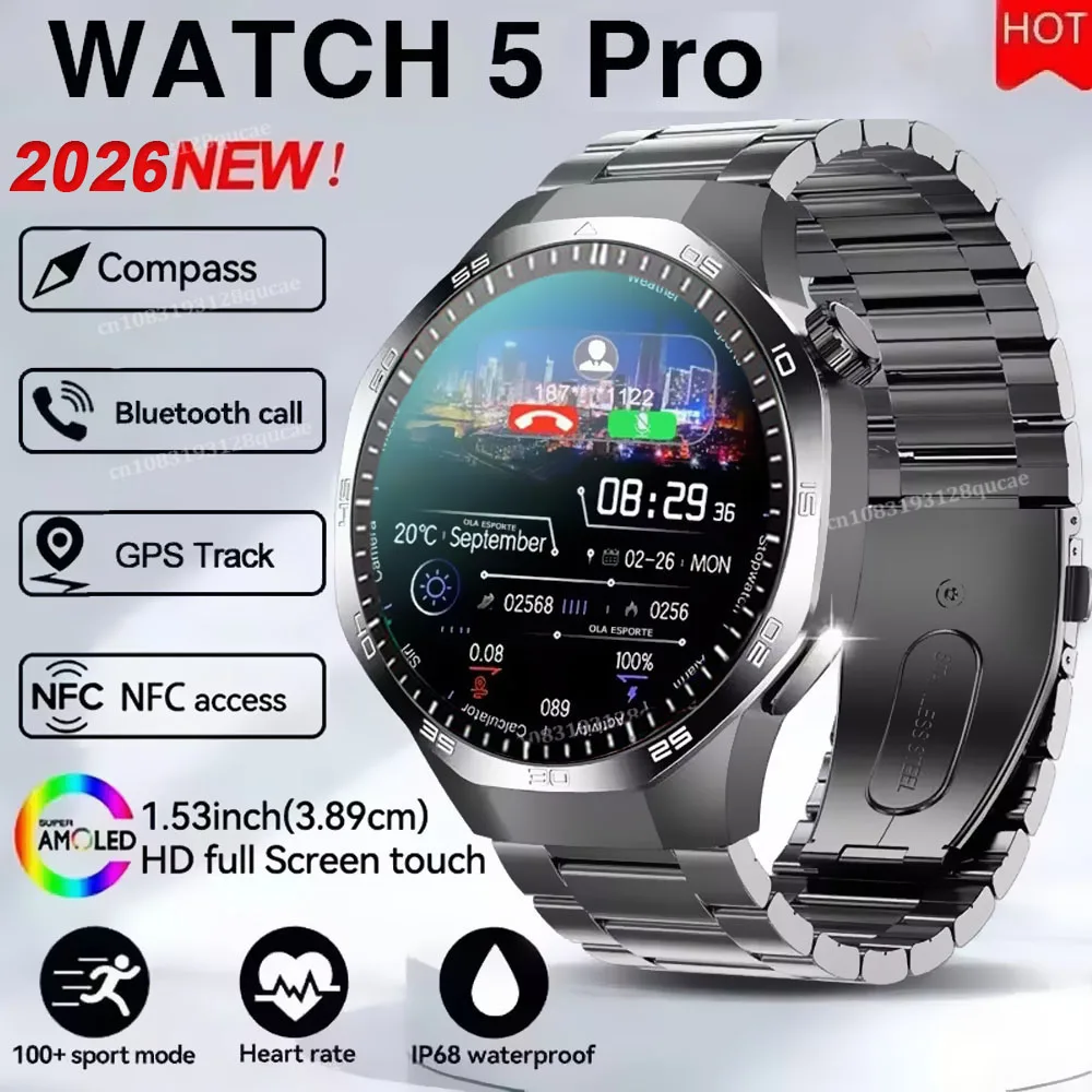 

Новые смарт-часы 2026 Watch 5 Pro с GPS-трекером для мужчин, AMOLED-экран 360*360, звонки по Bluetooth, водонепроницаемые, мониторинг здоровья, спортивные функции