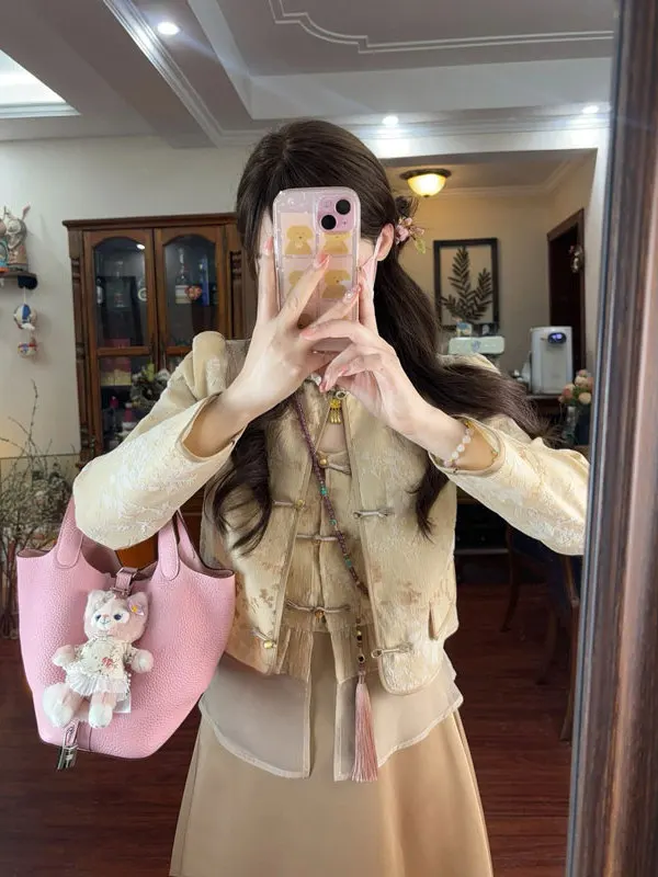 

Elegant New Chinese Style Three-Piece Set with Jacket Strap Top Half Skirt Comfortable Long Sleeve round Neck Cotton Blend