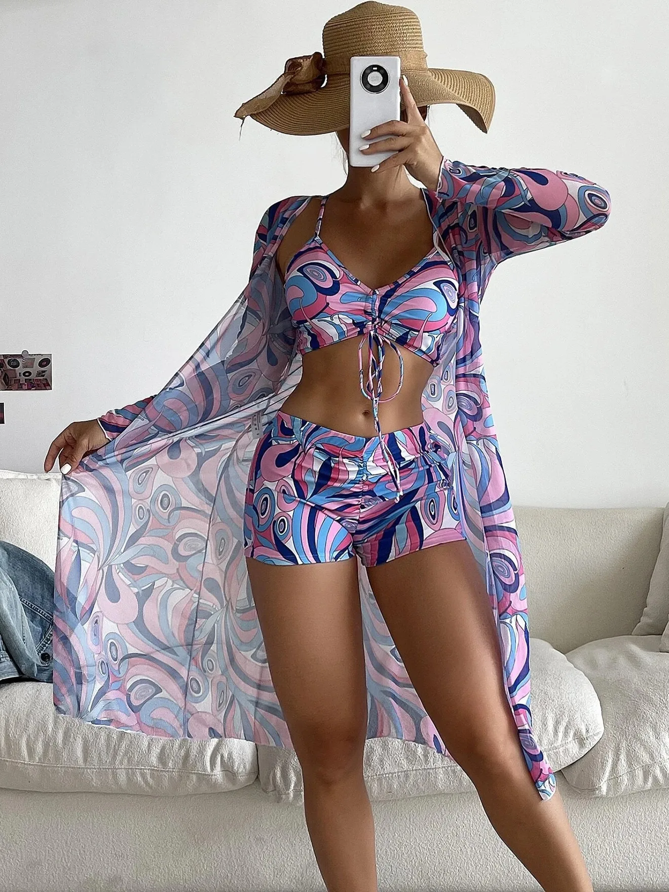 

Push Up Bikini Women Swimsuit Sexy Long Sleeve Cover Up Three Pieces High Waist Swimwear 2023 Summer Beach Bathing Suit Biquíni