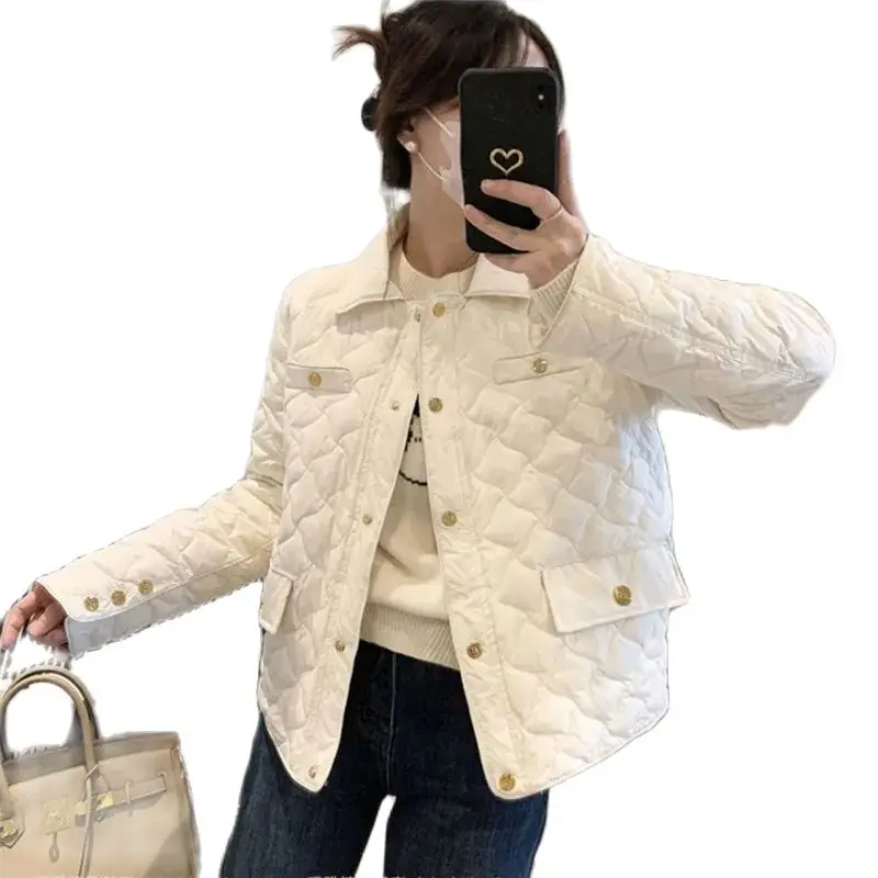 Autumn Winter Down Cotton Jacket Women 2023 New Loose Lapel Coat Pure Colour Covered Button Outerwear Fashion Overcoat Female