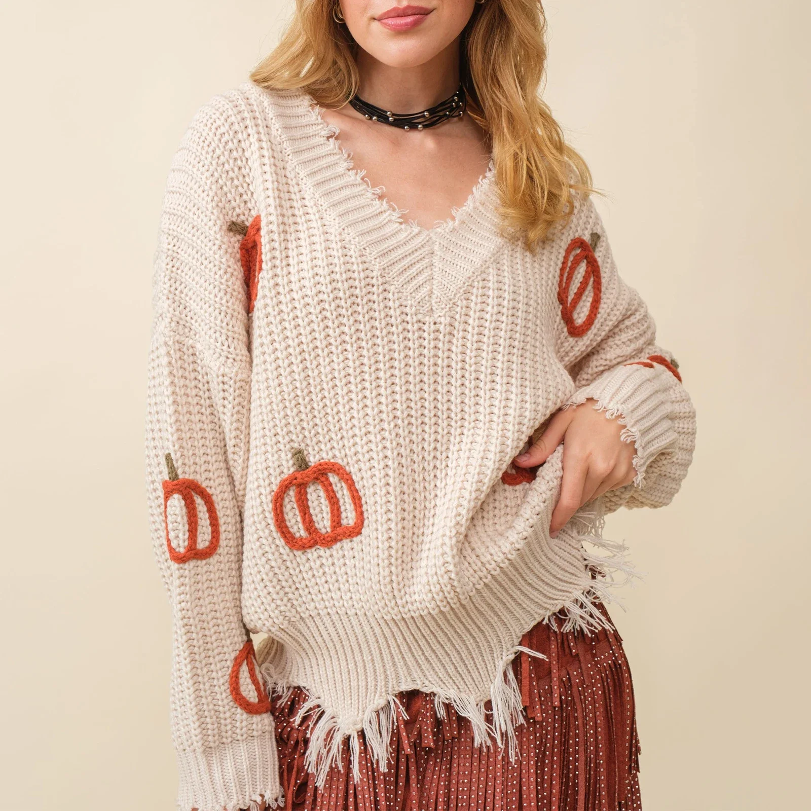 Women's Halloween Y2K Vintage Loose Fit Frayed Tassel Sweaters Long Sleeve V Neck Pumpkin Embroidery Pullover Jumpers