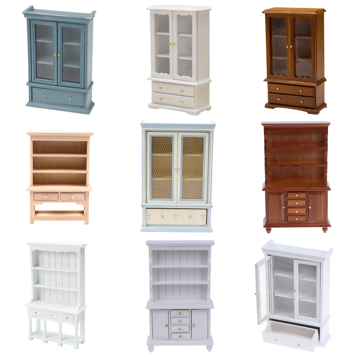 1PC 1:12 Dollhouse Miniature Furniture Haze Blue Double Door Glass Cabinet Cupboard Bookcase Model For Dollhouse Decor DIY Toys