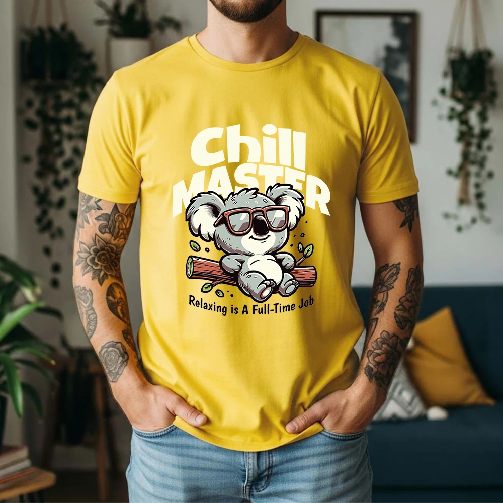 New Summer 100% Pure Cotton T-Shirt Chill Master Koala Cartoon Style Street Cool Casual Tee Breathable Short Sleeve