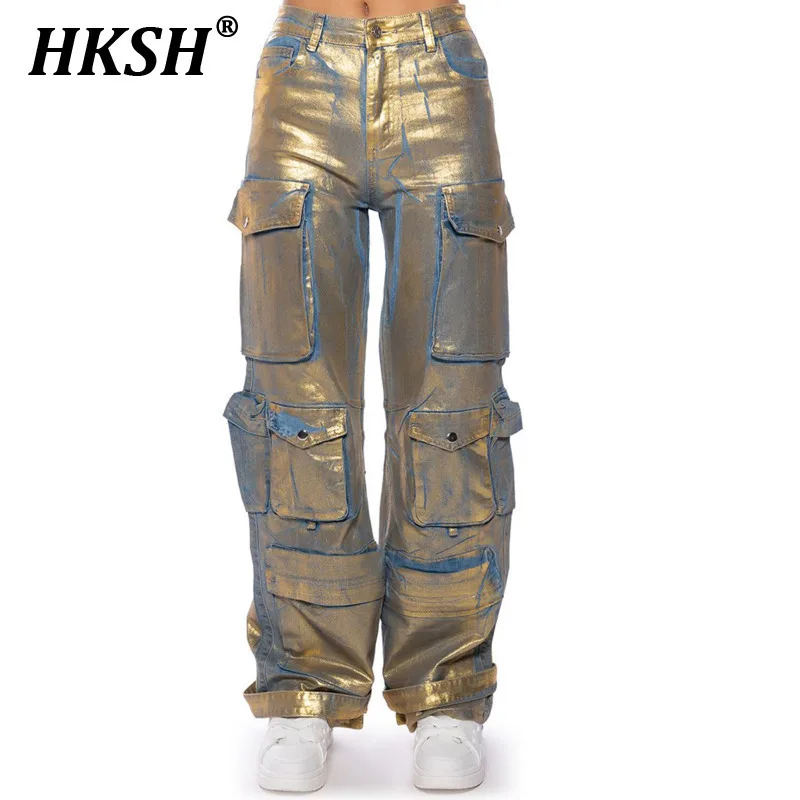 

HKSH Spring Summer Women Punk Style High Street Casual Fashion Wide Leg Pants Gold Stamping Multi-Pocket Long Denim Pants HK5402