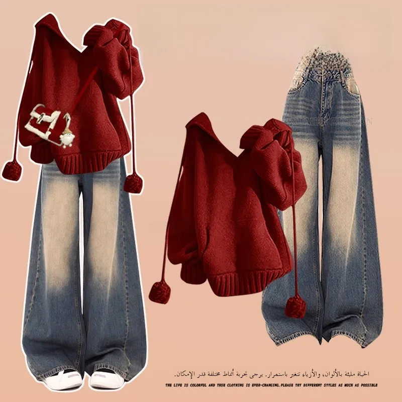 

Комплект для женщин больших размеров: осенне-зимний повседневный костюм с красным рождественским худи и вязаными джинсами с высокой талией, модный комплект из двух предметов.