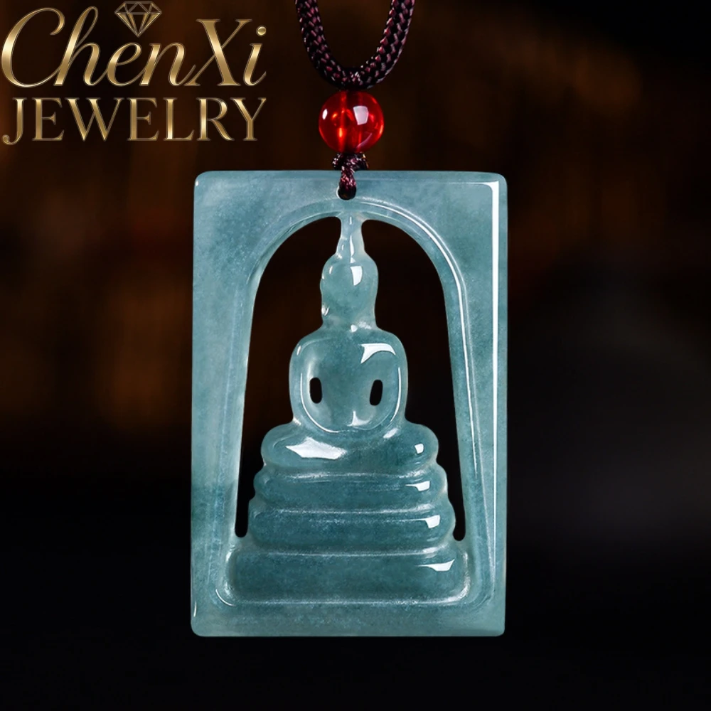 

Natural Grade A Burmese Blue Water Jadeite Pendant Hollow Square Wu Xiang Buddha Hand Carved Necklace Unisex Daily Wear Gift