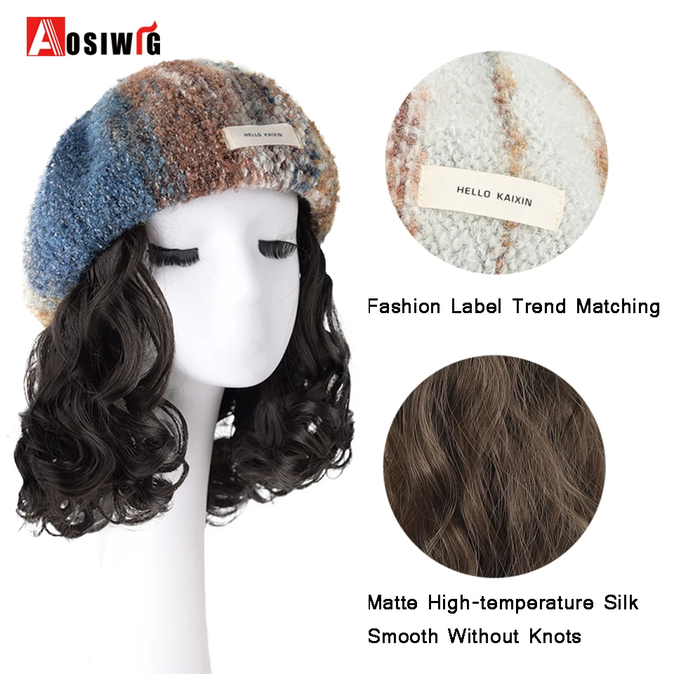 Hat Wig Synthetic Short Curly Wavy Hair Wigs With Hat Berets Cap Wig Hair Extension Black Brown Wig Cap Heat Resistant