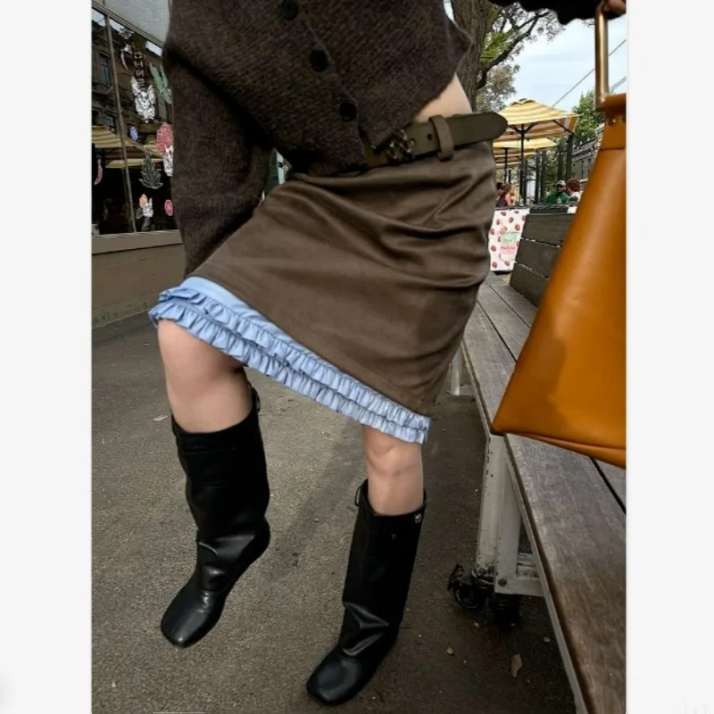 

2025 New Fat Mm Slim Gray Suede Patchwork Skirt with Lace for Women, Caramel High-waisted Slim Mid-skirt