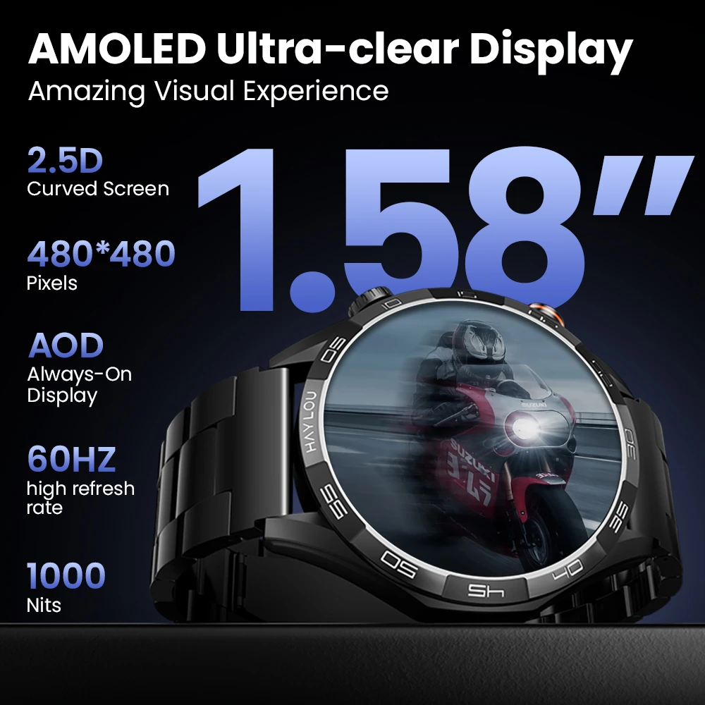 ساعة ذكية HAYLOU Solar 5 للاتصال الصوتي بشاشة AMOLED مقاس 1.58 بوصة 60 هرتز ساعة ذكية لمراقبة الصحة 24 ساعة ساعة ذكية رياضية للرجال