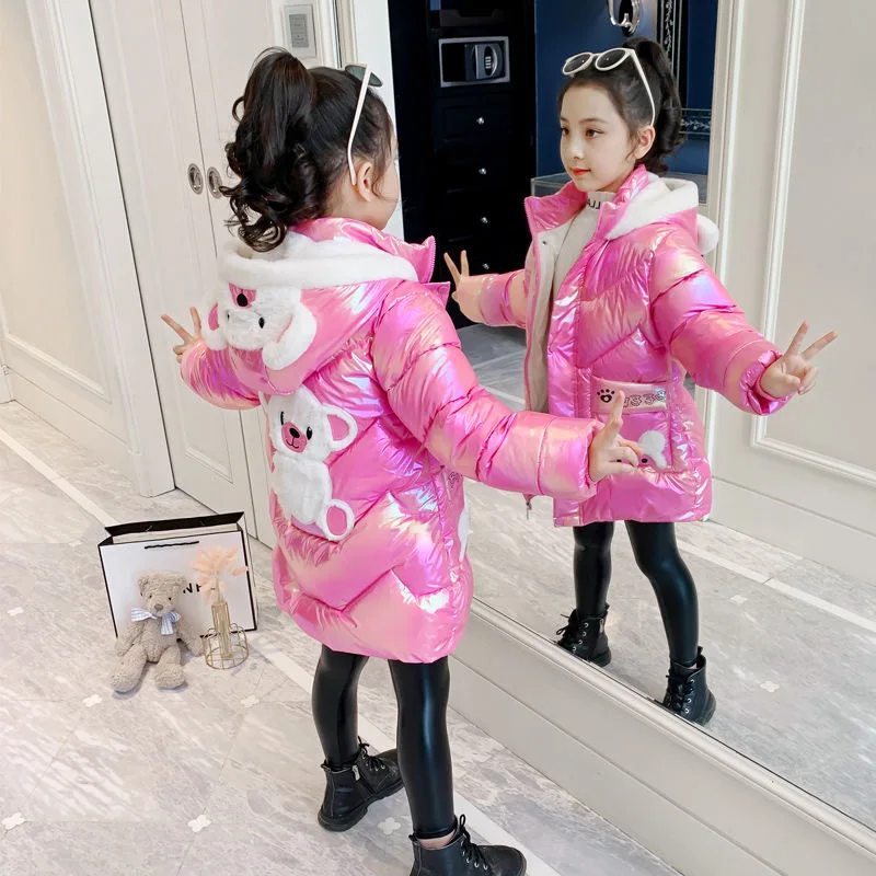 

3 4 6 8 10 Years Girls Long Winter Down Jacket Cute Bear Coats For Girls Parkas Fashion Bright Hooded Child Waterproof Outerwear