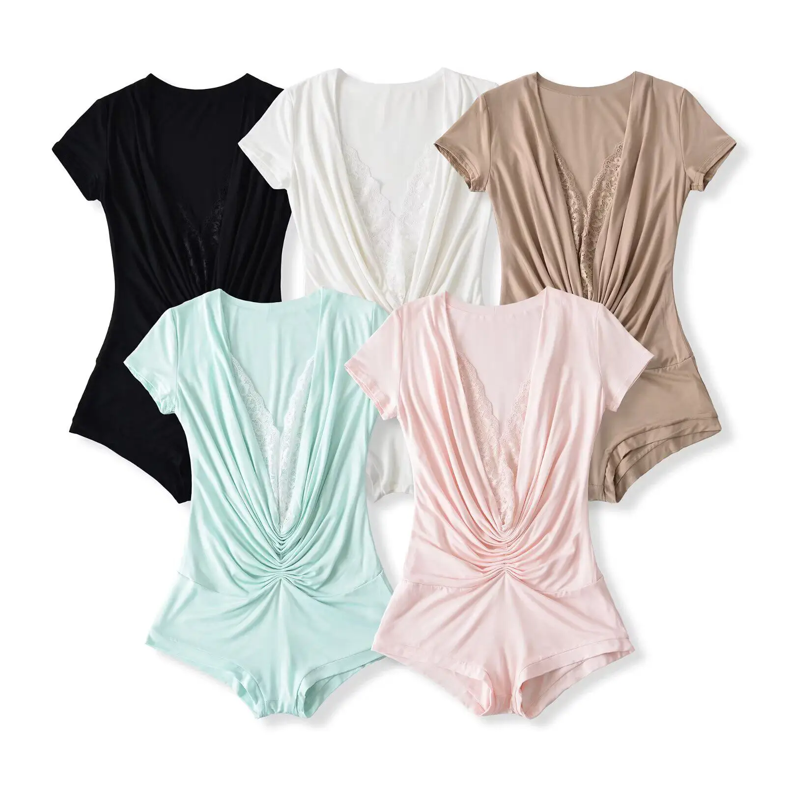 

New American Style Solid Color Jumpsuit Elegant Sexy Lace Patchwork V-Neck Ruched Slim Fit Short Sleeved T-Shirt Jumpsuit