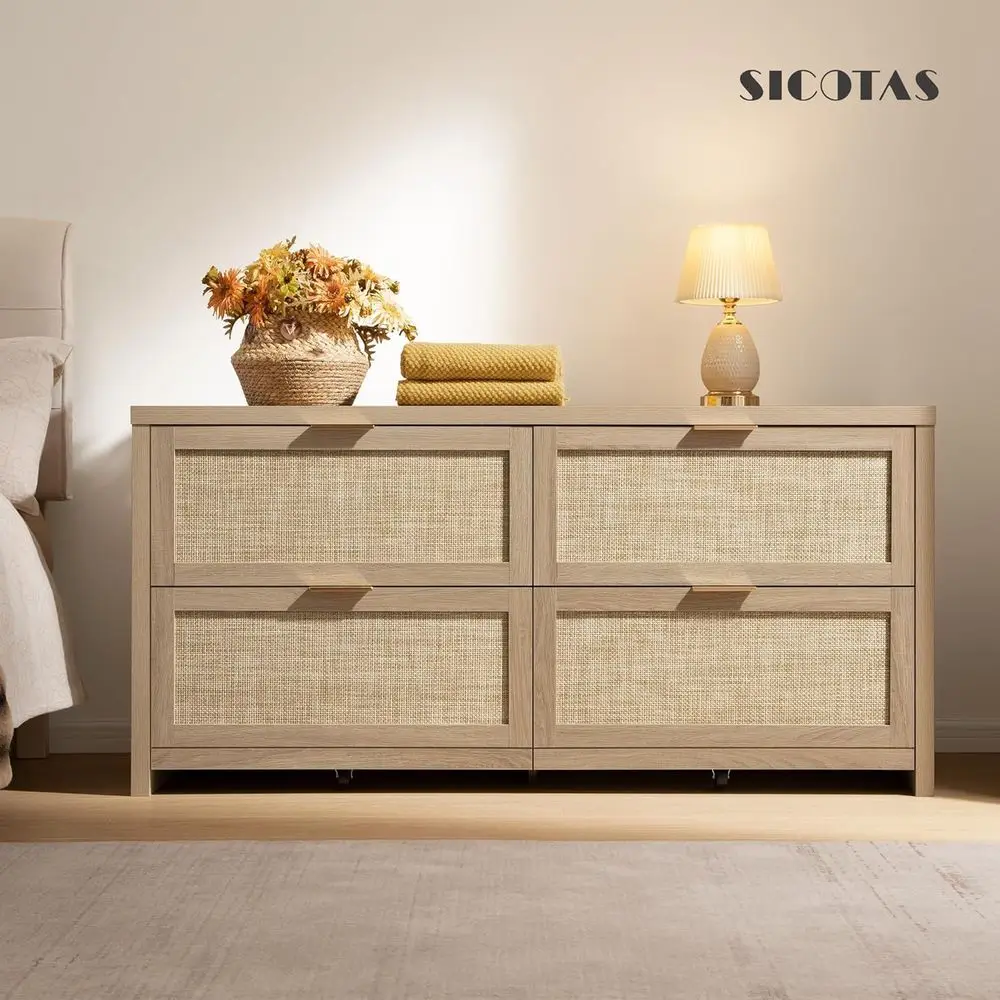 خزانة بوهو ستايل راتان ذات 4 أدراج، لمسة نهائية من خشب البلوط الكراميل المستصلحة، مثالية لتخزين غرفة النوم أو الحضانة