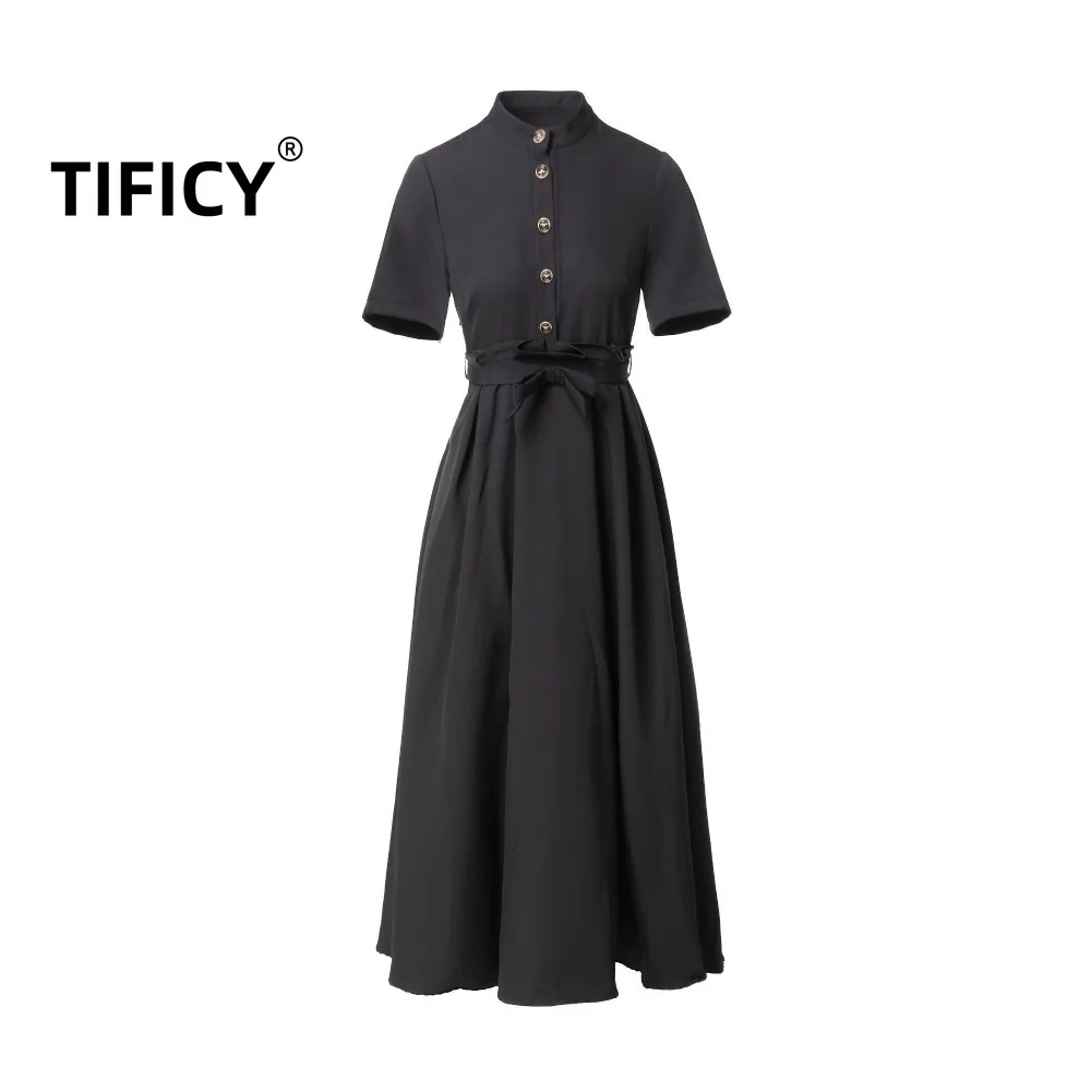 

High Street Mid Dresses Summer New Dress Retro Women's Short Sleeved Long Shirt Elegant Big Swing Folded Dress Belt