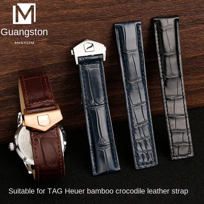 Suitable for TAG Heuer TAG bamboo joint crocodile leather strap Aquacer Carrera Monaco series folding buckle watch strap19 20 22