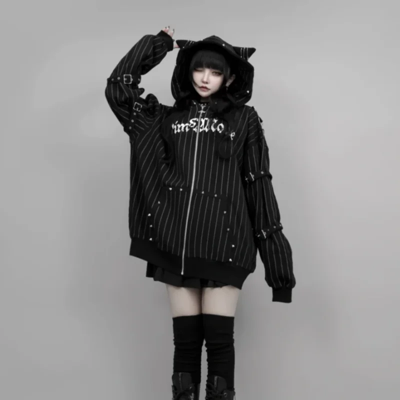 Y2K Gothic Japanese Subculture Zip Up Hoodie Women Devil Cat Ear Pinstripe Heart Print Oversized Metal Buckle Streetwear Outfit