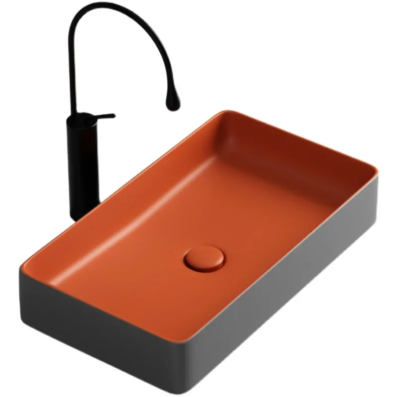 

Matte Grey Ceramic Washbasin Hotel Modern Countertop Art Basin Orange Rectangular Bathroom Sink Sample Vessel Sink With Faucet