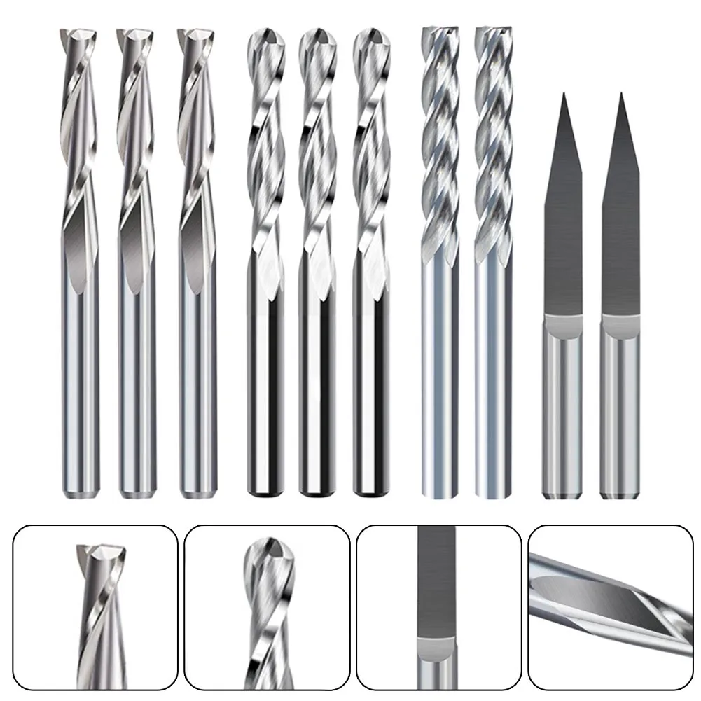 

10pcs Carbide End Mill Engraving Bits Set CNC Router Engraving Carving Bits 3.175mm Shank Milling Cutter Woodworking