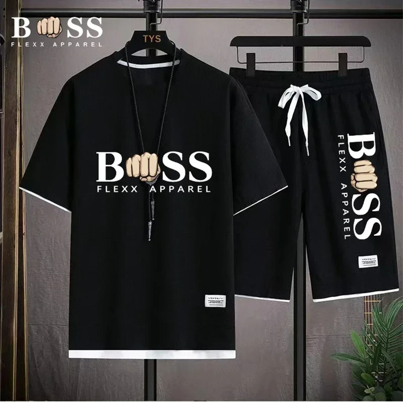 BSS FLEXX APPAREL Men's Two Piece Set Linen Fabric Casual T-shirt And Shorts Set Mens Sports Suit Fashion Short Sleeve Tracksuit