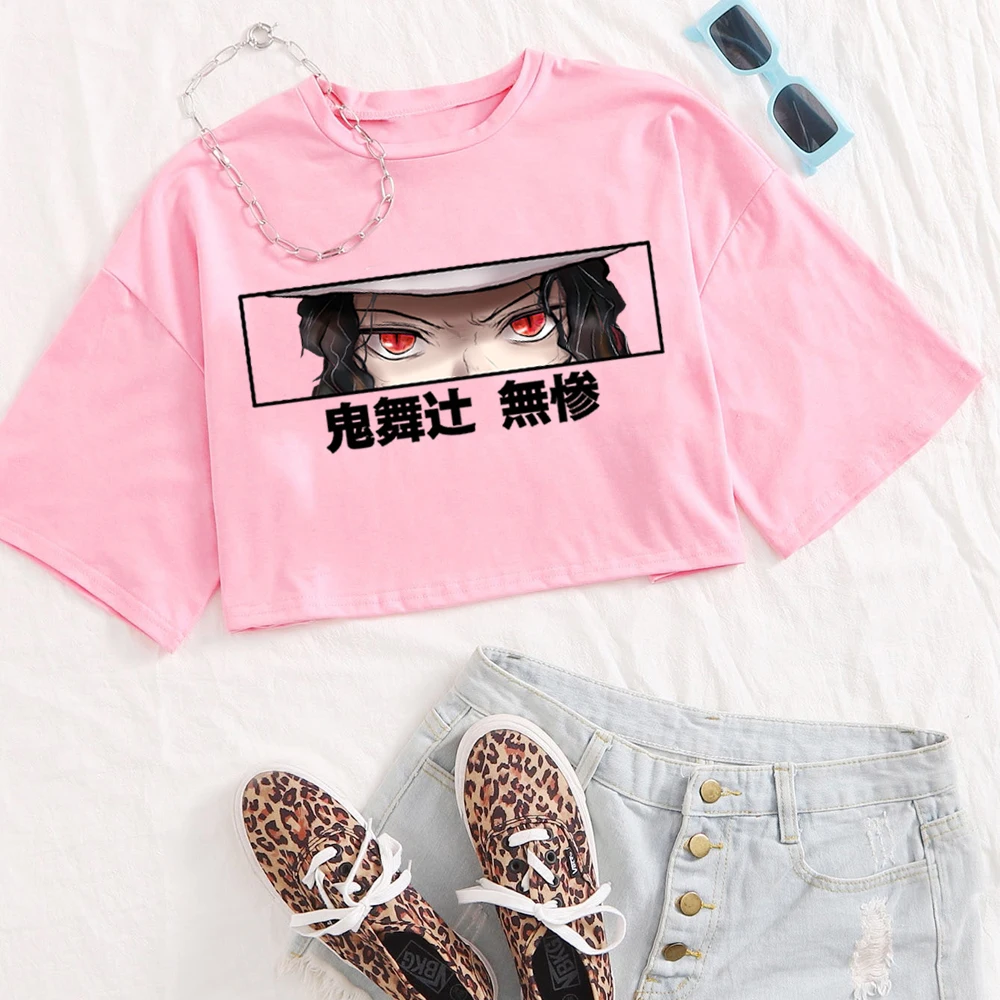 أنيمي شيطان القاتل Muzan Kibutsuji قميص المرأة س الرقبة قصيرة الأكمام المحاصيل القمم تي شيرت هدية