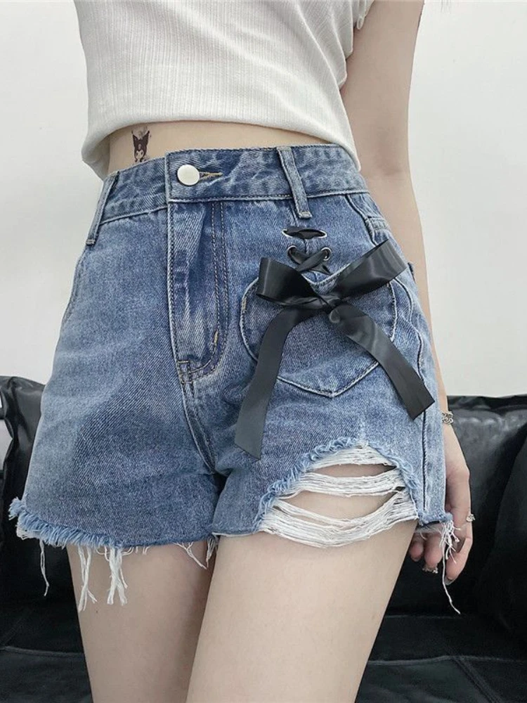 Summer Blue Y2k Elegant Denim Shorts Women Bow Bandage French Vintage Jeans Female Tassel Hole Japanese Casual Trousers 2023 New