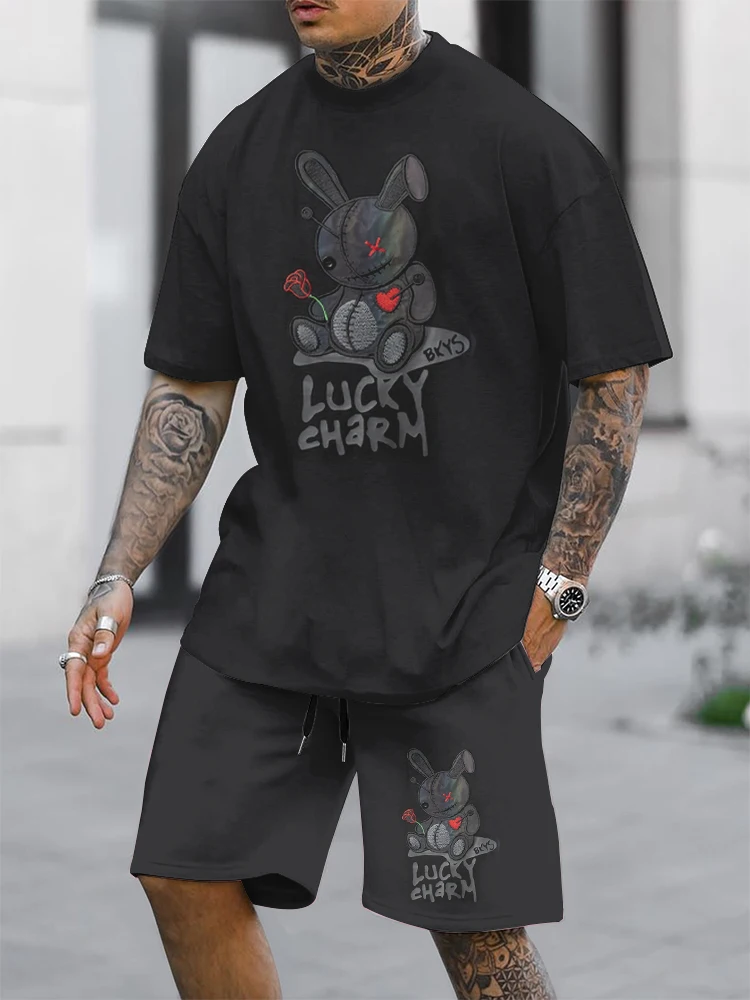 2024 Lucky Rabbit Print Short Sleeve T-shirt And Shorts 2 / Summer Men's Fashion Street Short Sleeve Suit Loose And Oversized