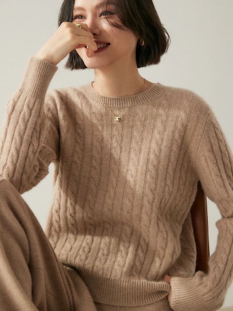 

Women's Vintage Chic Basic Twist Flower Knit Autumn Winter Sweater 100% Cashmere Tops Loose Clothes Simple Warm O-Neck Pullover