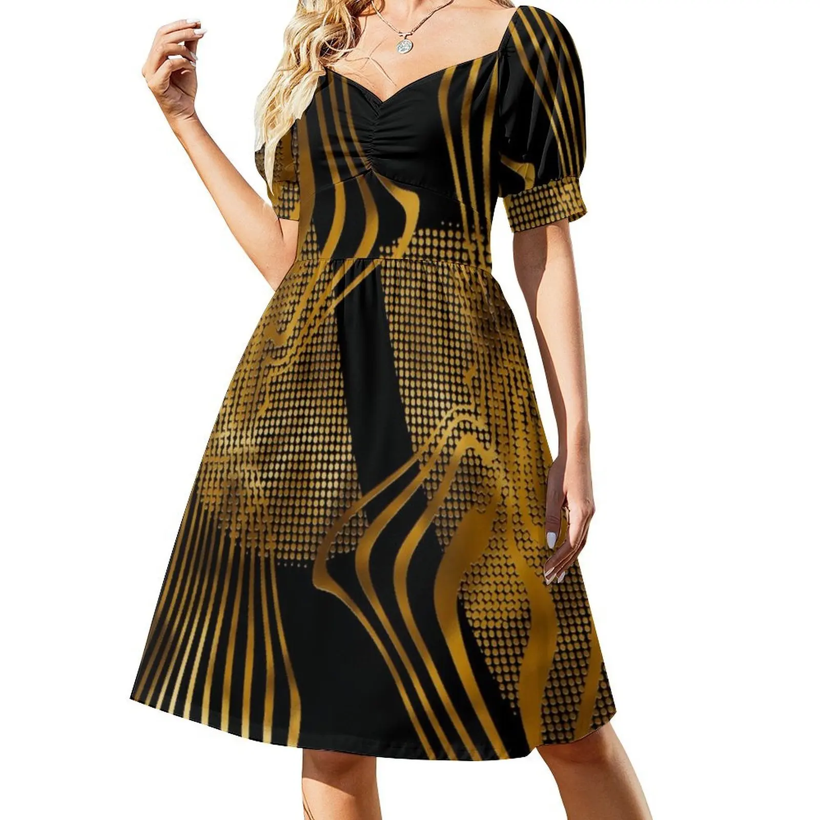 فستان بوهو شيك مطبوع مخطط ذهبي تجريدي أنيق لحفلات الزفاف على الشاطئ، فستان تجريدي ذهبي أسود ذهبي مخطط