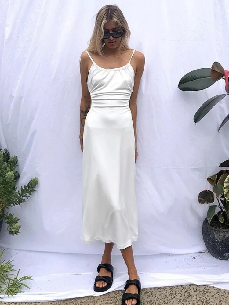 

Backless Long Dress For Women Beach Outfit Solid Color Camisole Streetwear Tie Back One Piece Vestidos De Mujer Feminist Clothes