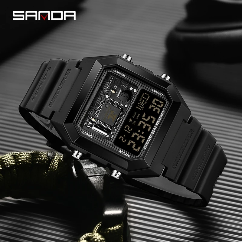 Fashion Sanda Brief Top Male And Female Student Electronic Watch New Square Multi Functional Countdown Gift Wrist Watches6216